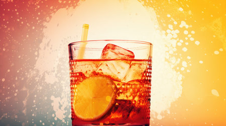 Cocktail with orange and ice in a glass on a colored backgroundの素材
