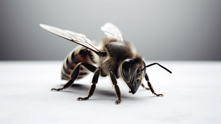 Close up of a bee on a white background. Shallow depth of field.の素材