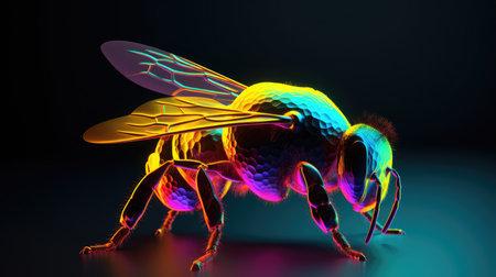 3d rendering of a bee isolated on black background with colorful lightsの素材
