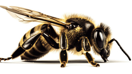 Bee isolated on white background. Macro image of bee. Apis mellifera.の素材