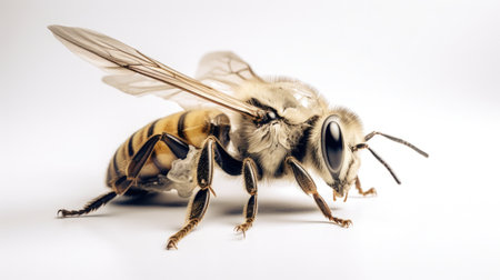 Bee isolated on white background. Close up of a honey bee.の素材