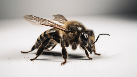 Bee on a white background. Shallow depth of field. Selective focus.の素材