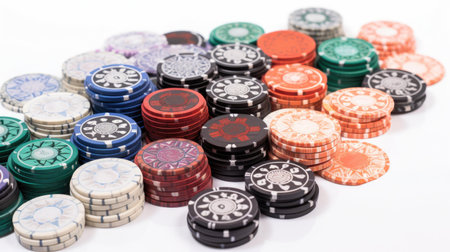 Poker chips isolated on white background. Colorful casino chips.の素材