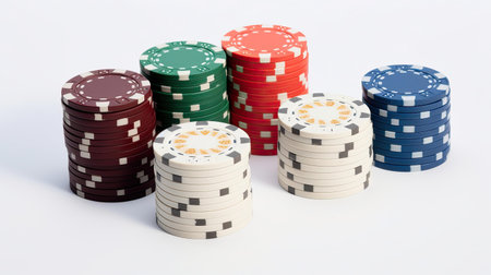 Stack of poker chips isolated on white background. 3D illustration.の素材