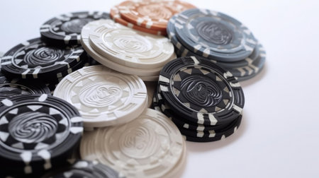 Stack of black and white casino chips isolated on white background. Close-up.の素材