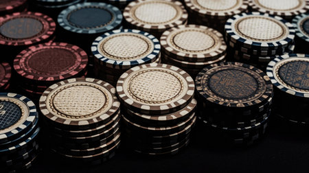Poker chips on a black background. Selective focus. Toned.の素材