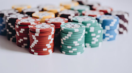 Poker chips on a white background. Casino concept. Selective focus.の素材