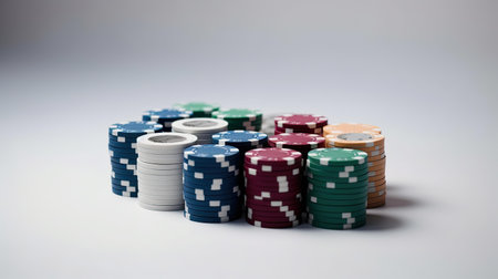 Poker chips isolated on white background, shallow depth of field.の素材