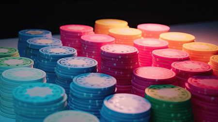 Colorful casino chips on a black background. Selective focus.の素材