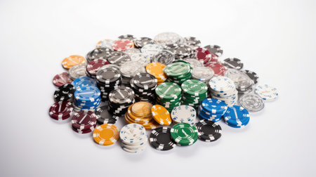 Poker chips isolated on white background. Pile of casino chipsの素材