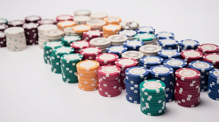 Poker chips isolated on white background. Casino concept. Selective focus.の素材