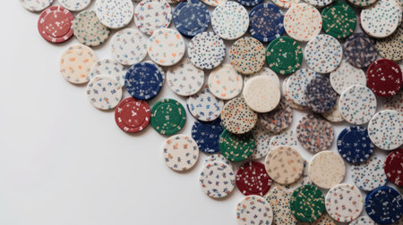 Poker chips on white background. Close up of casino chips.の素材