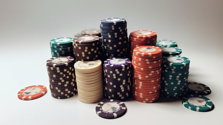 Stack of poker chips isolated on white background. Selective focus.の素材