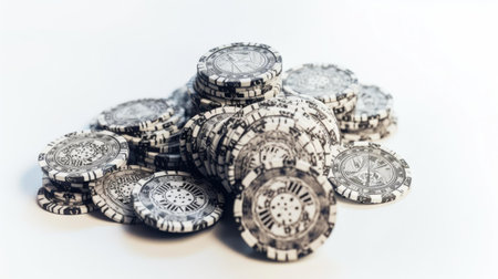 Pile of black and white casino chips on a white background.の素材