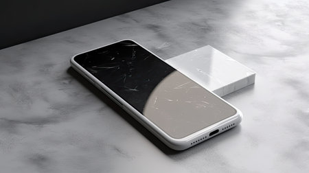 Smartphone with broken screen on white marble table. 3d renderingの素材