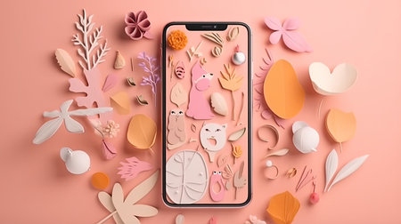 Smartphone with colorful paper flowers on pink background, flat lay.の素材