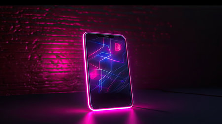 Smartphone with blue and pink neon screen on dark background. 3D renderingの素材