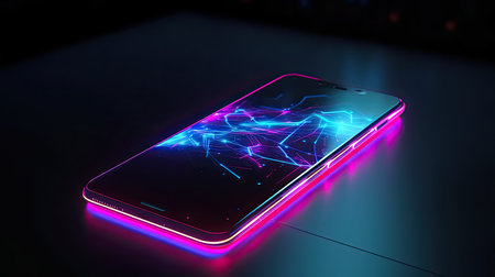 Futuristic smartphone with lightning on screen. 3D Renderingの素材