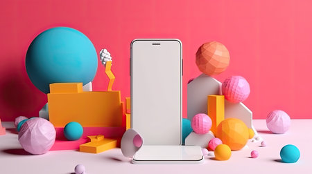 Mobile phone with blank screen on pink background. 3d rendering.の素材