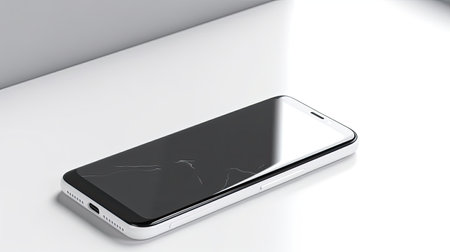 Smartphone with broken screen on white background. 3D rendering.の素材