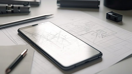 Smartphone with blueprint on the table. 3d render illustration.の素材