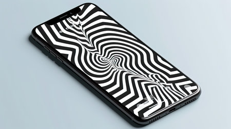 Black smartphone with black and white stripes on white background.の素材
