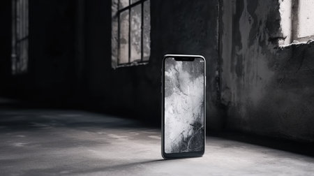 Smartphone with cracked screen on the background of the window in the darkの素材