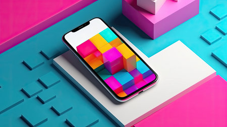 Smartphone with colorful cubes on colorful background. 3d illustration.の素材