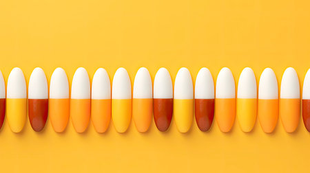 Candy corn in row on yellow background. 3d illustration.の素材