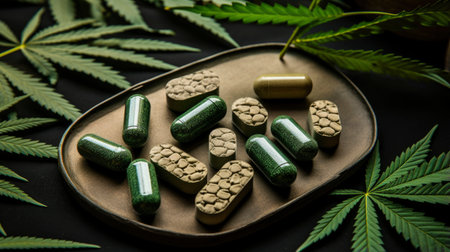 Cannabis pills with cannabis leaves on black background, top viewの素材
