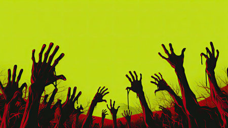 Hands of people raised up on a green background. Vector illustrationの素材