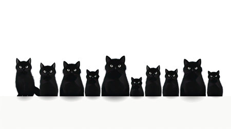 Group of black cats standing in a row isolated on a white backgroundの素材