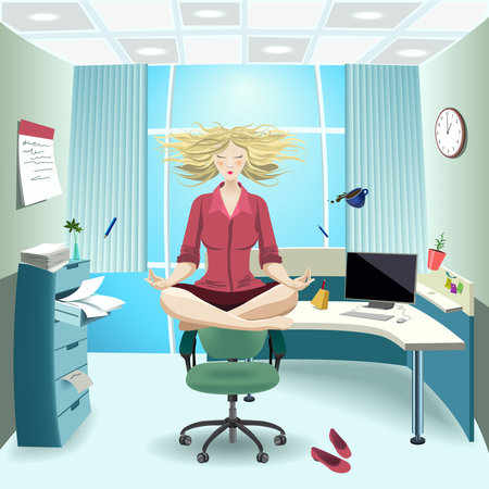 Vector. Girl in the office doing yoga.のイラスト素材