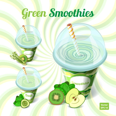 A set of three green smoothies in plastic cup with drinking straw with apple, kiwi, spinach, celery, kiwi, cucumber on isolated background. Vector illustration.のイラスト素材