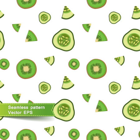 Seamless pattern with slices of vegetables. Cucumber and kiwi on a white background. Vector illustration.のイラスト素材