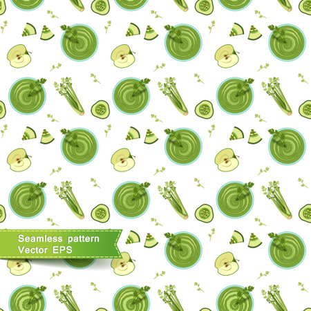 Seamless pattern with green smoothie of apples, celery, kiwi and cucumber on a white background. Vector illustration.のイラスト素材