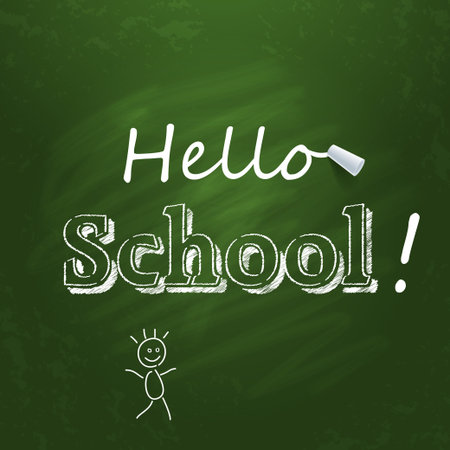 Hello school written on the green chalkboard with white chalk. Vector illustration.のイラスト素材
