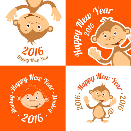 Set of funny cartoon monkey is flat. The symbol of the new year on a white background and an orange background. Vector illustration.のイラスト素材