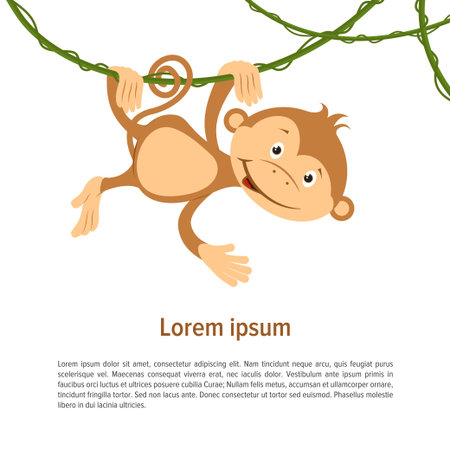 Flat funny brown monkey on liana on a white background. Vector illustration.のイラスト素材