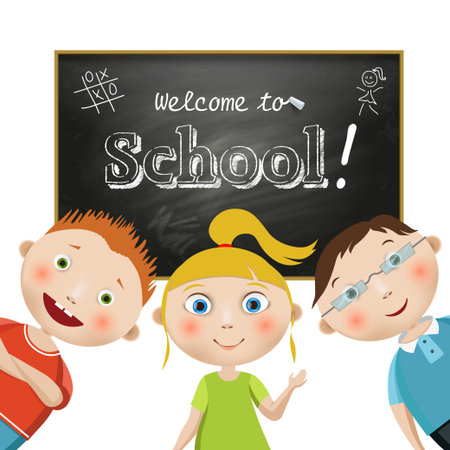 Vector illustration. Composition with students on a school blackboard background with a freehand drawning text, Welcome to School on a white background. School.のイラスト素材