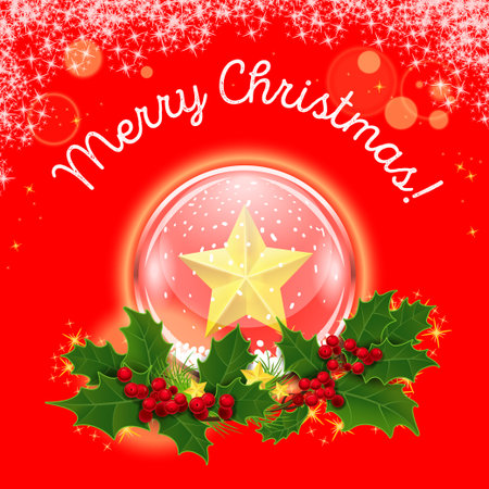 Vector illustration. Christmas crystal ball in a wreath of holly on a red star background. Christmas star.のイラスト素材