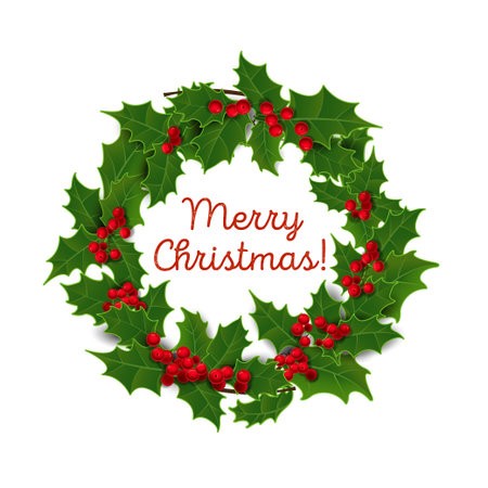 Vector. Christmas wreath of holly isolated on a white background.のイラスト素材
