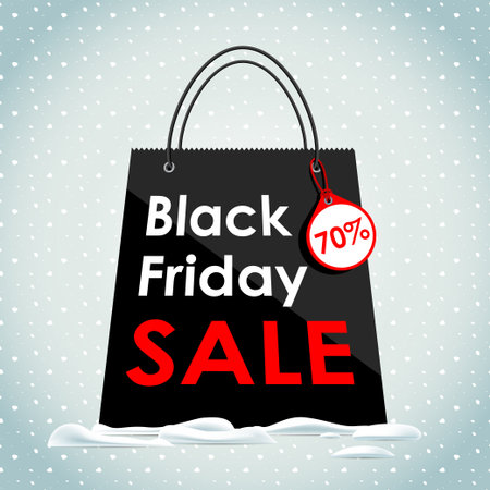 Vector illustration. Black Friday sales. Black bag in the snow. Sale of a black bag.のイラスト素材