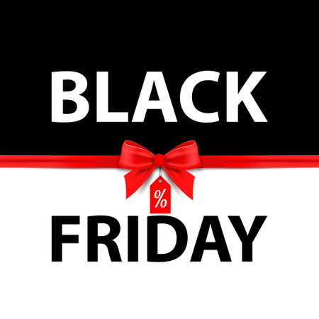 Vector illustration. Black Friday. Black and white background with a red bow and ribbon. Sales.のイラスト素材