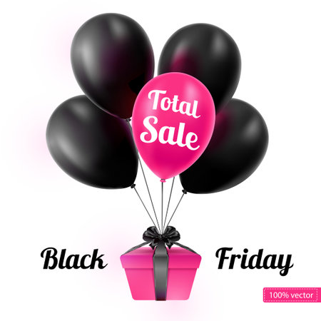 Vector. Black Friday. A bunch of black balloons on a white background. Black balloons with discounts on the ribbon. Pink sale helium balloon.のイラスト素材