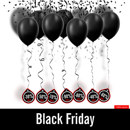 Vector. Black Friday. Black balloons isolated on white background. Black balloons with discounts on a ribbon. Sales. Black confetti on a white background.のイラスト素材