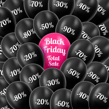 Vector. Black Friday. Realistic black helium balloons with discounts. Background Black Friday. Total sales. Celebratory background with black balloons.のイラスト素材