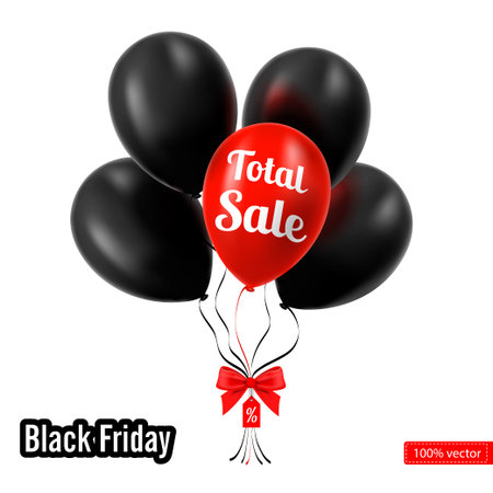 Vector. Black Friday. A bunch of black balloons on a white background. Black balloons with discounts on the tape. Red balloon sales.のイラスト素材