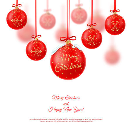 Vector. Realistic Christmas decorations on a white background. Christmas red glass balls isolated on a white background. Realistic Christmas red balls.のイラスト素材