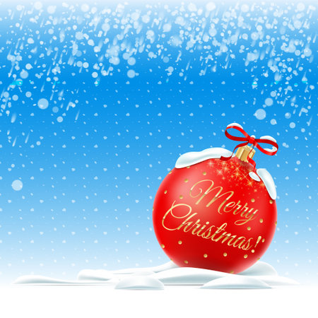 Vector. Merry Christmas. Crystal Christmas ball on a blue background. Christmas decoration. Christmas red ball on the snow. Christmas decorations.のイラスト素材